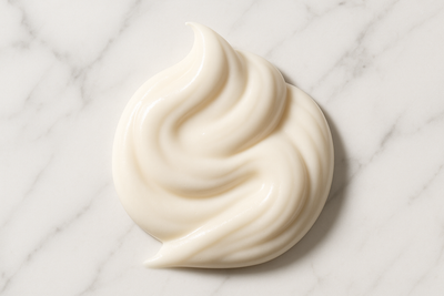 show beautiful luxurious milky cream mousse like conditioner on a white marble background