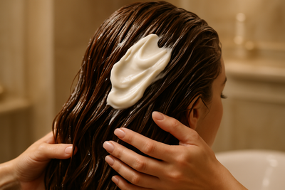 white hair mask applied to damp luxurious hair
