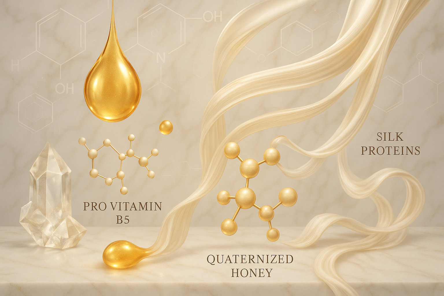 luxurious and scientific image of pro vitamin B5, quartenised honey and silk proteins in a beautiful backdrop