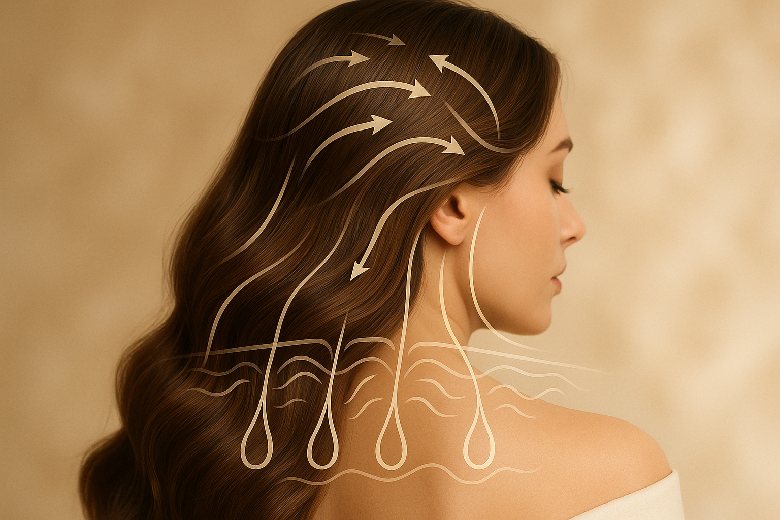 luxurious image of back of females hair with diagram showing improved circulation