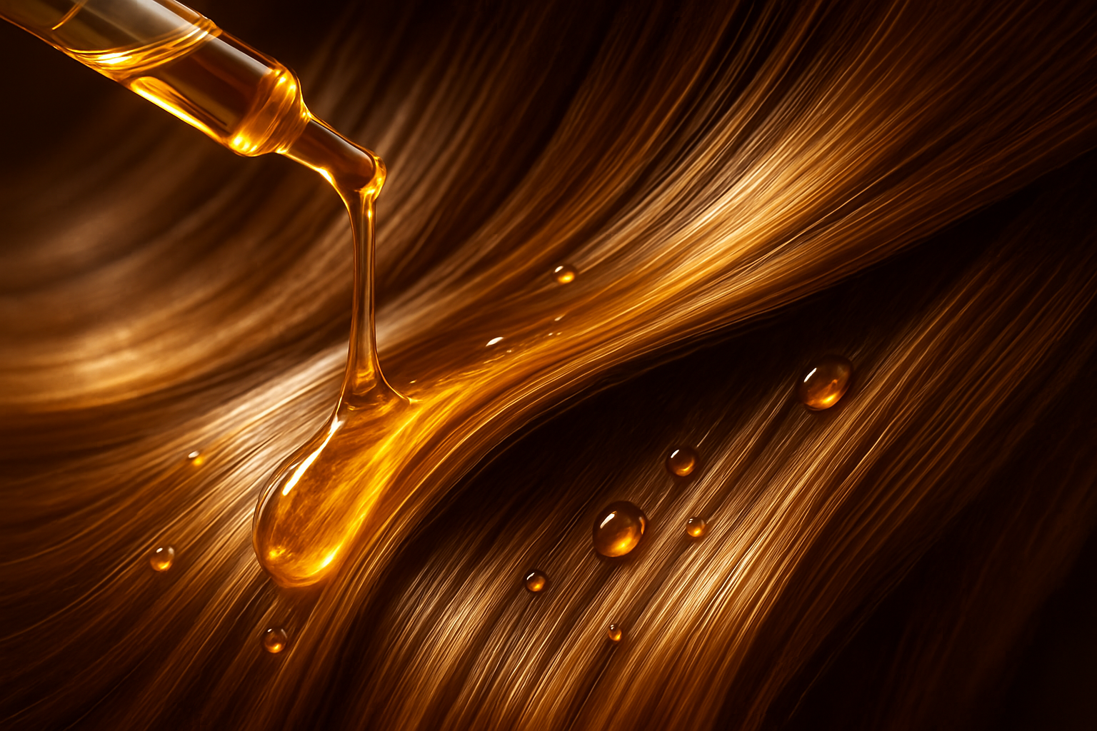 luxurious image of golden hair oil penetrating into silky glossy hair 
