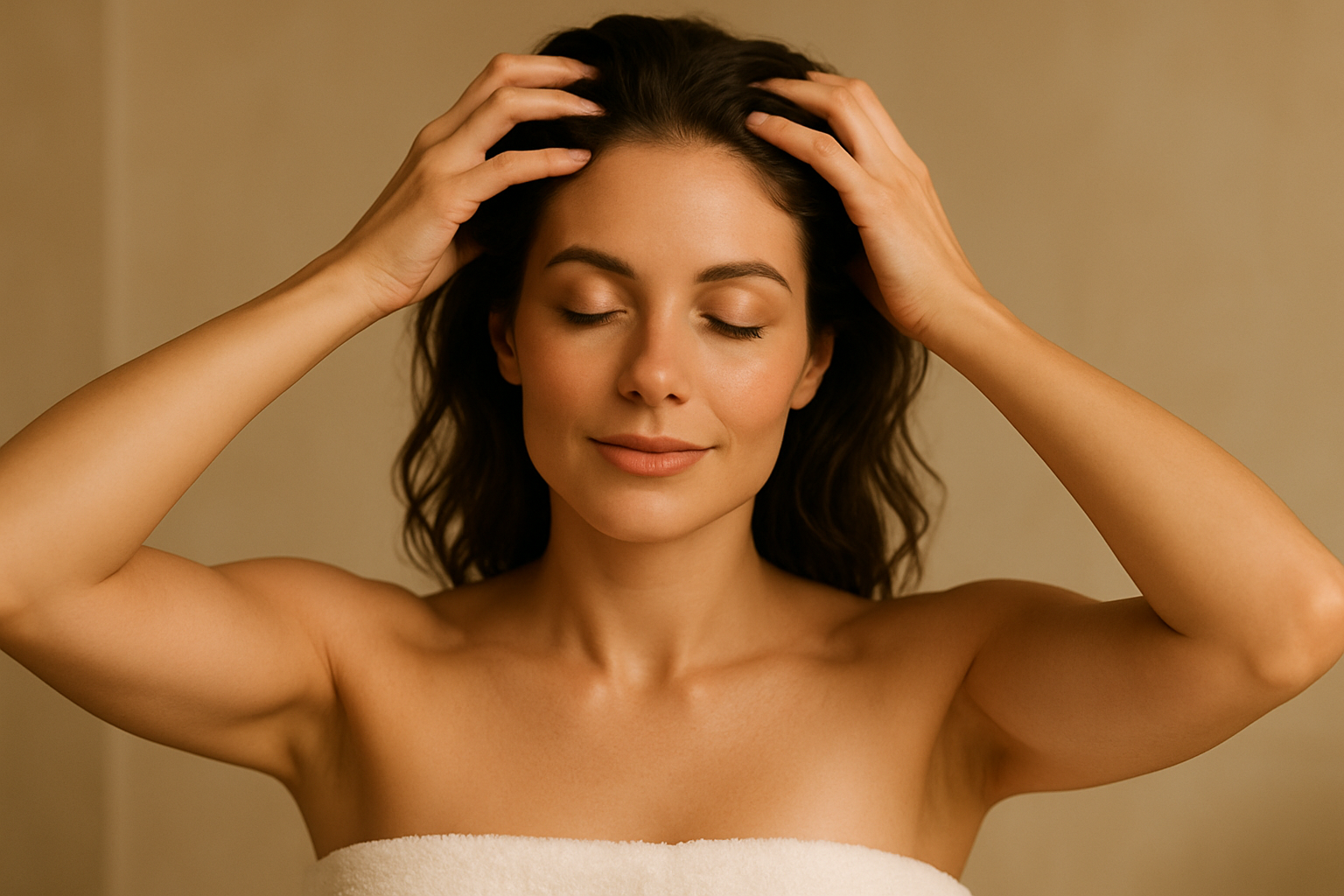 luxurious image of woman massaging scalp with wheatgrass scalp brush, from the front so that the brush isn't visible