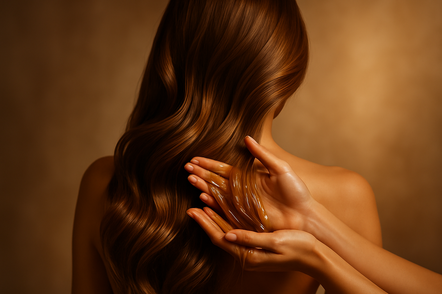show luxurious image of back of hair of model massaging in hair oil
