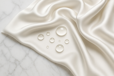 white silk luxuriously swathed on a white marble surface with silk proteins droplets on top of it to highlight haircare benefits